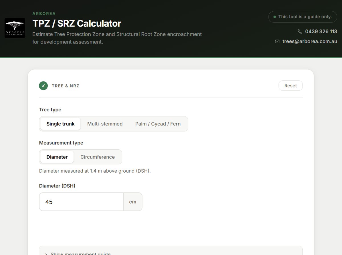 Arborea TPZ / SRZ Calculator — a live client tool
