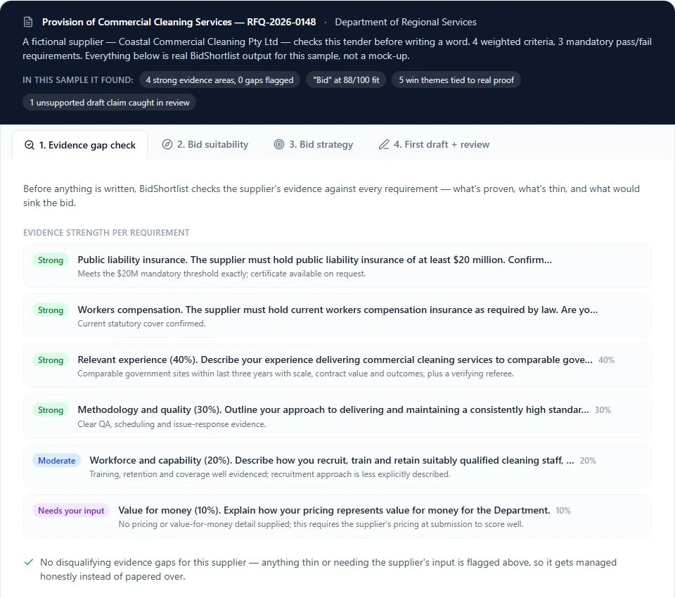 Actual BidShortlist sample evidence check, showing strong, moderate and needs-your-input ratings for a fictional cleaning supplier
