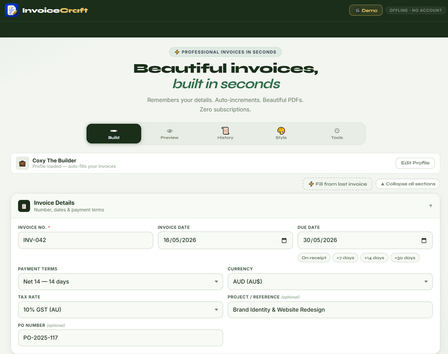 InvoiceCraft invoice builder