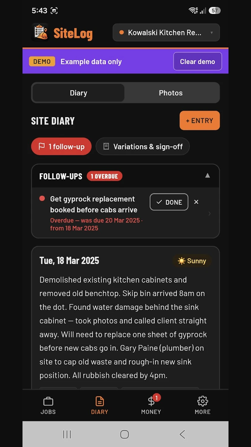 SiteLog daily diary and follow-ups, using demonstration data