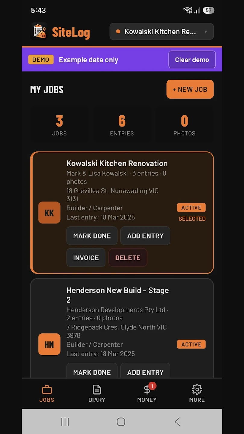 SiteLog jobs screen with clearly labelled demonstration data