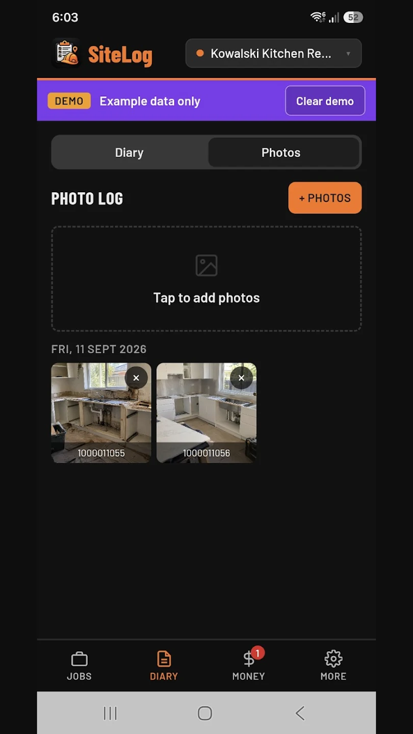 SiteLog a photo record of the work screenshot using demonstration data